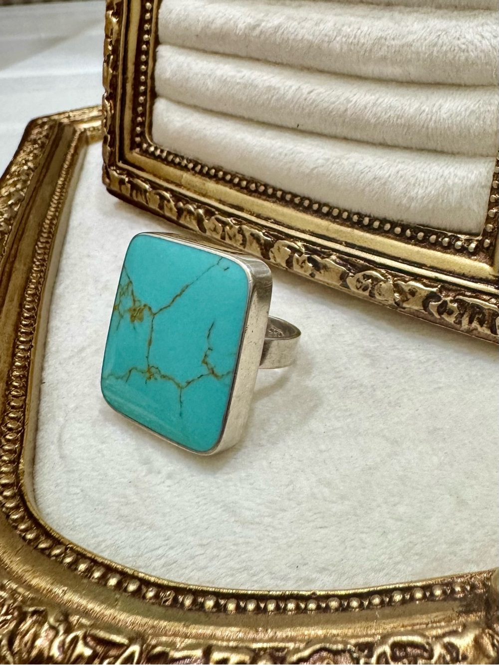 Chunky Sterling Silver (.925) Square Faux Turquoise Statement Ring - 15.3g